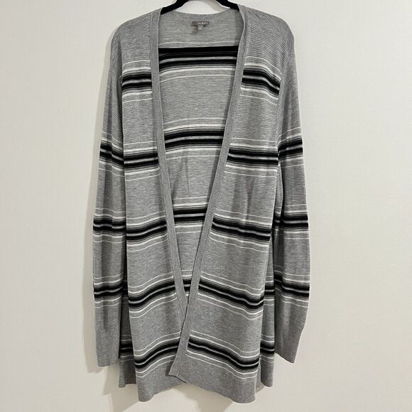 Talbots Duster Open Cardigan Size XL Gray Striped Long Sweater Elbow Pad Academy - Picture 1 of 7